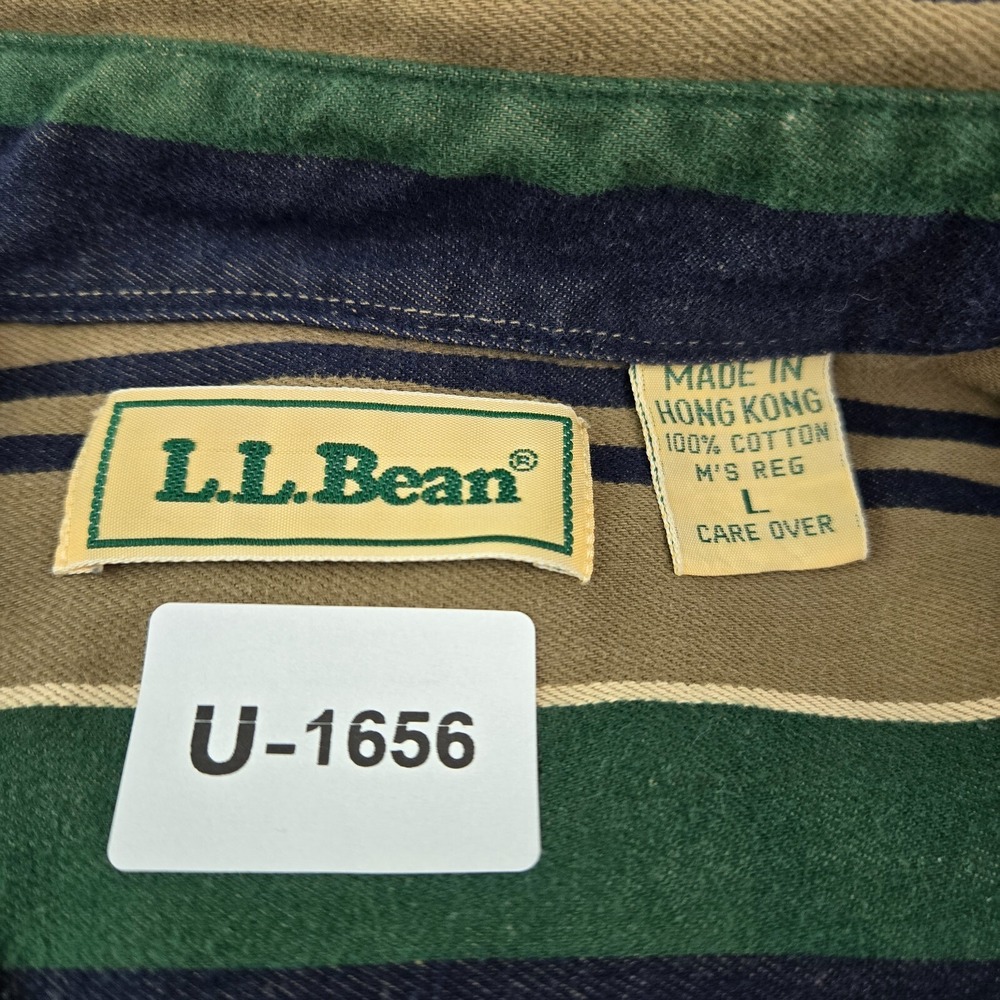 VINTAGE LL Bean Men Button Up Shirt Large Green Striped Long Sleeve Pocket‎ - Picture 2 of 11